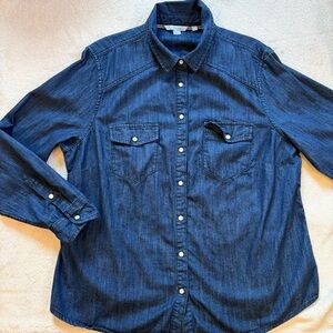 Boden Women's Western Snap Front Dark Blue Wash Denim Snap Front Shirt Sz 16